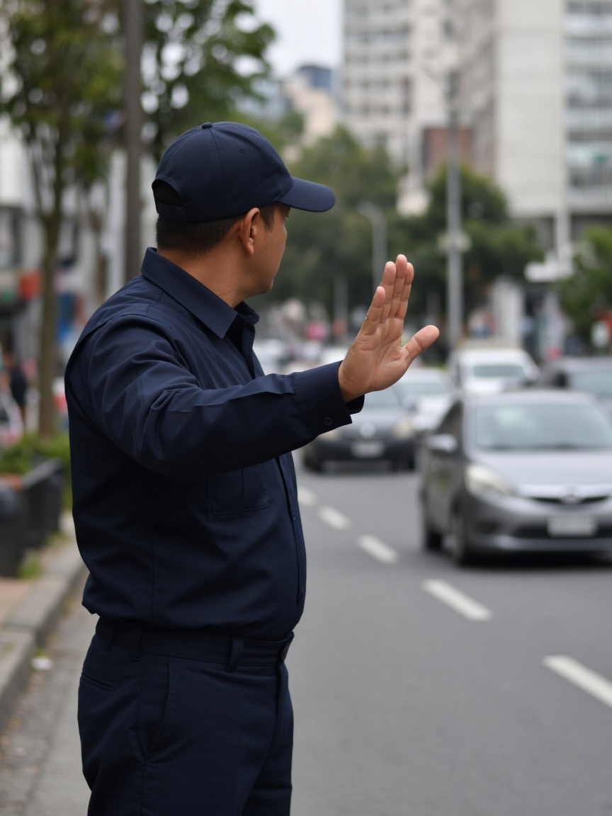 Agente de tránsito, de uniforme oscuro y sin insignias, regula el paso de carros en una avenida