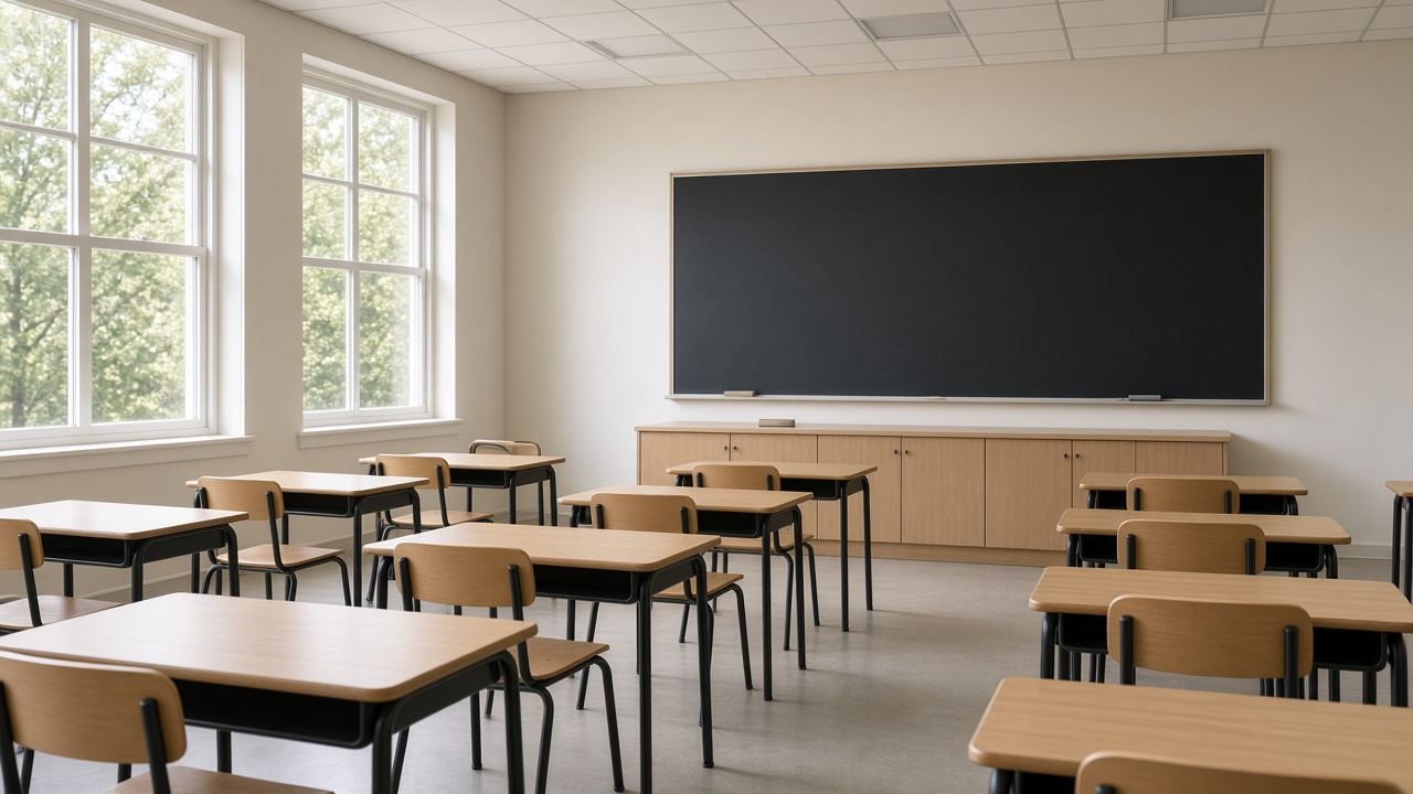 Aula vacía con pupitres de madera y un tablero sin escribir