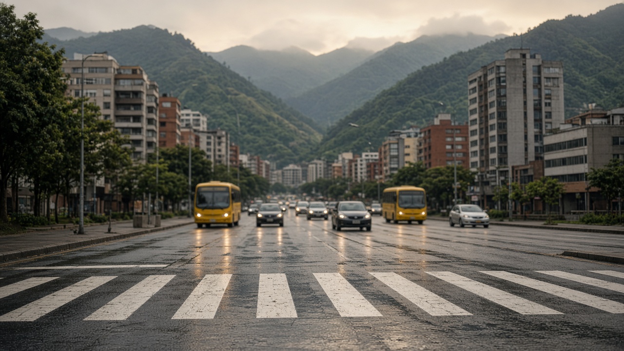 Avenida húmeda con buses amarillos, cebra peatonal y cerros al fondo